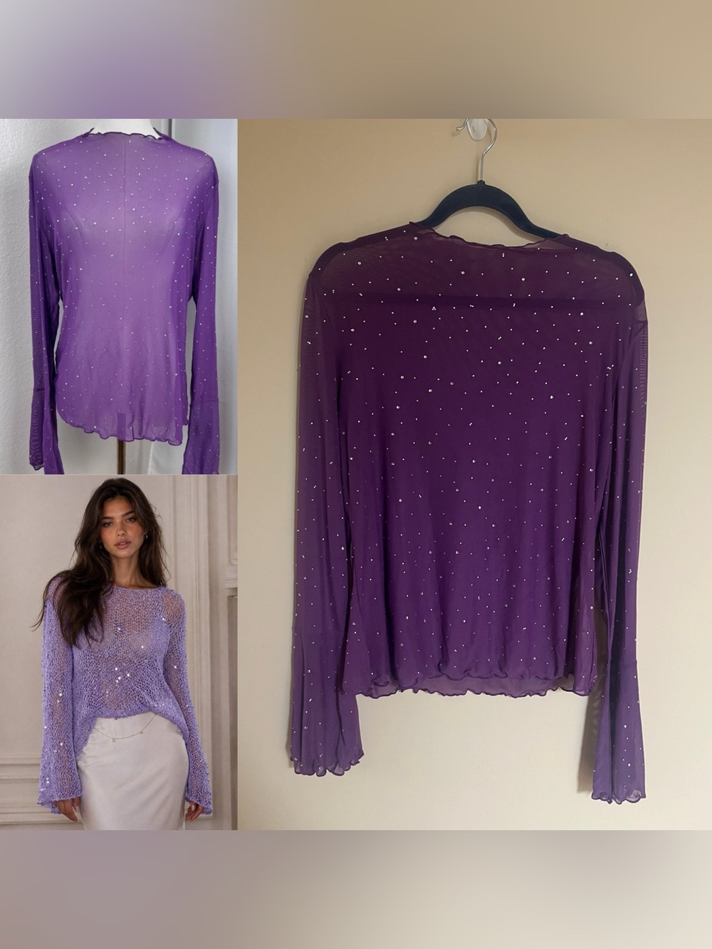 Rhinestone Purple Fairy Whimsigoth Ethereal Sheer Mesh Top